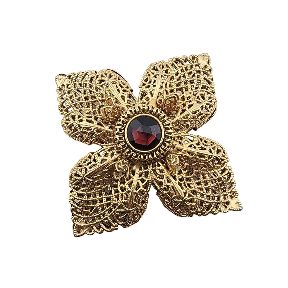 Vintage Filigree Brass & Glass Lange Brooch (A3218)